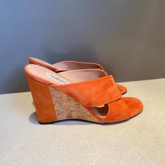 Valentino Crossover Wedge Heels 38 8 Orange Rust Suede Cork Slides Sandals - Picture 4 of 8